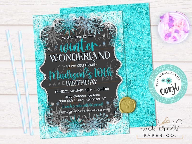May include: A rectangular invitation card with a black center and a bright turquoise border featuring white snowflake patterns. The text reads: You're invited to a winter wonderland as we celebrate Madison's 10th birthday, Sunday, January 13th, 1:00-3:00, Riley Outdoor Ice Rink, 3801 Spirit Drive, Windsor, VT.