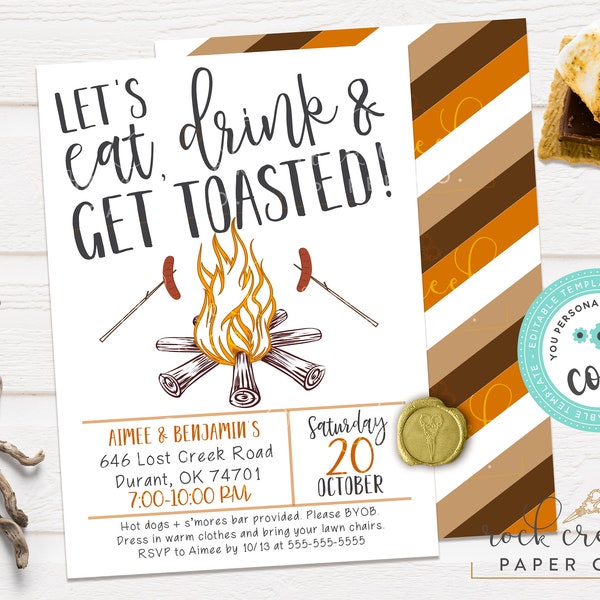 Eat Drink & Get Toasted Invitation, Bonfire Party Invitation, Backyard Gathering Invite, Editable Party Template, Instant Download