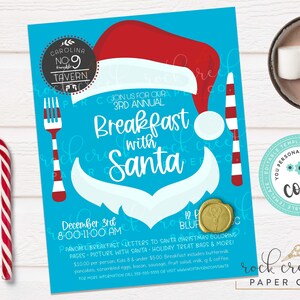 Volantino per la colazione con Babbo Natale, volantino per il brunch con Babbo Natale, colazione con Babbo Natale, modello di volantino natalizio modificabile, download immediato