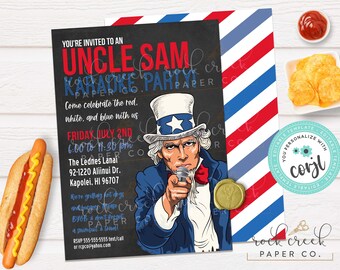 Op de afbeelding: Uitnodiging voor een Uncle Sam Karaoke Party met een patriottisch thema. De uitnodiging toont een illustratie van Uncle Sam met een microfoon, met tekst in rood en blauw. Inclusief details over het evenement.