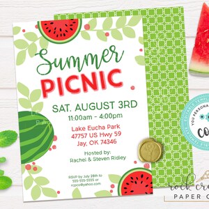 Sommer-Picknick-Einladung, Wassermelonen-Picknick-Einladung, Zitronen-Picknick-Einladung, Park-Picknick, bearbeitbare Picknick-Vorlage, Sofort-Download