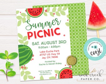 Invitación a picnic de sandía, plantilla editable para fiesta de verano (descarga digital)