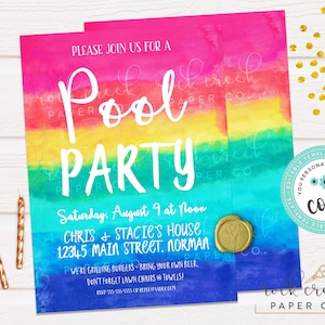 Rainbow Pool Party Invitation: Editable Swim Party Template (Instant Digital Download, 5&quot;x7&quot;)