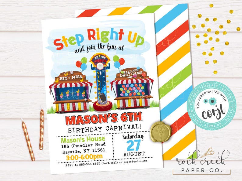 May include: Carnival-themed birthday invitation with the text "Step Right Up" and "Mason's 6th Birthday Carnival!" featuring illustrations of carnival games. The invitation includes event details and a colorful striped design.