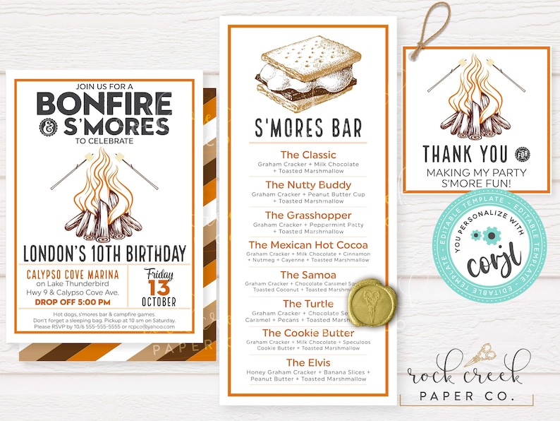 May include: A printable invitation for a bonfire and s'mores party to celebrate London's 10th birthday. The invitation features a campfire illustration with the text "Join us for a bonfire & s'mores to celebrate London's 10th birthday". The invitation also includes details about the event, such as the date, time, and location. The invitation is designed in a rustic style with brown and orange stripes.