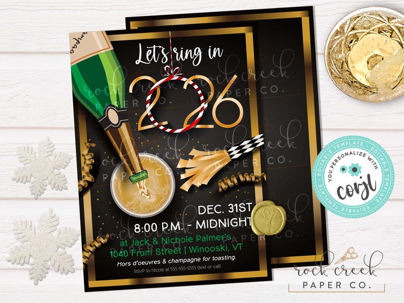 Puede incluir: Invitaci&oacute;n de Nochevieja con un dise&ntilde;o negro y dorado. La invitaci&oacute;n presenta una botella de champ&aacute;n verti&eacute;ndose en una copa, con el texto "Let's ring in 2026". Incluye detalles del evento e informaci&oacute;n de RSVP.
