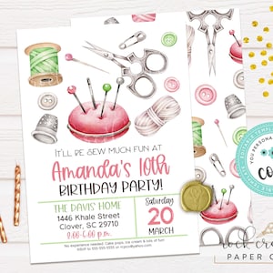 Invitación de cumpleaños de costura, bordado, crochet, aguja e hilo, invitación a fiesta de costura, plantilla editable para fiesta de cumpleaños, descarga instantánea
