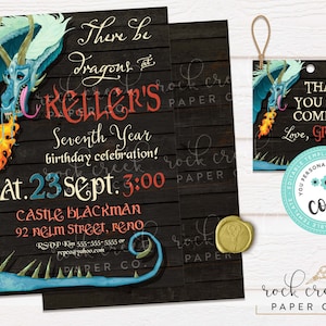 May include: A blue and green dragon with fire coming out of its mouth on a dark wood background. The text reads "There be dragons at Keller's Seventh Year birthday celebration! Sat. 23 Sept. 3:00 Castle Blackman 92 Nelm Street, Reno RSVP Kim 555-555-5555 or [email protected]"