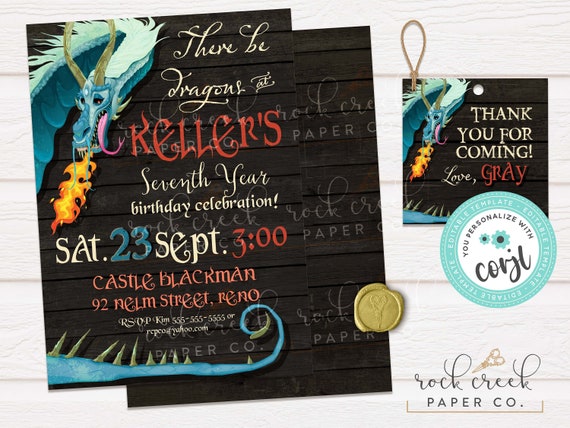 Dragon Birthday Invitation, Editable Medieval Party Templates (Digital Download)