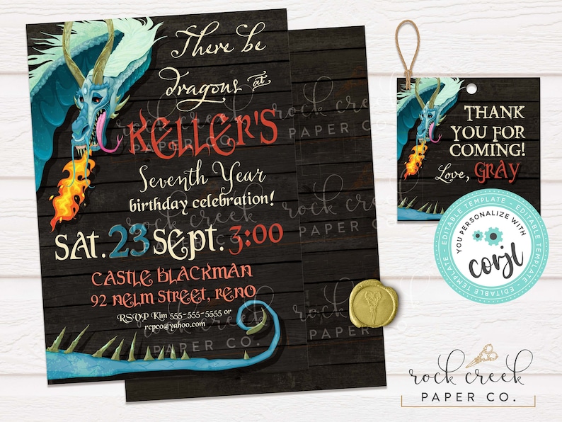 May include: A blue and green dragon with fire coming out of its mouth on a dark wood background. The text reads "There be dragons at Keller's Seventh Year birthday celebration! Sat. 23 Sept. 3:00 Castle Blackman 92 Nelm Street, Reno RSVP Kim 555-555-5555 or [email protected]"