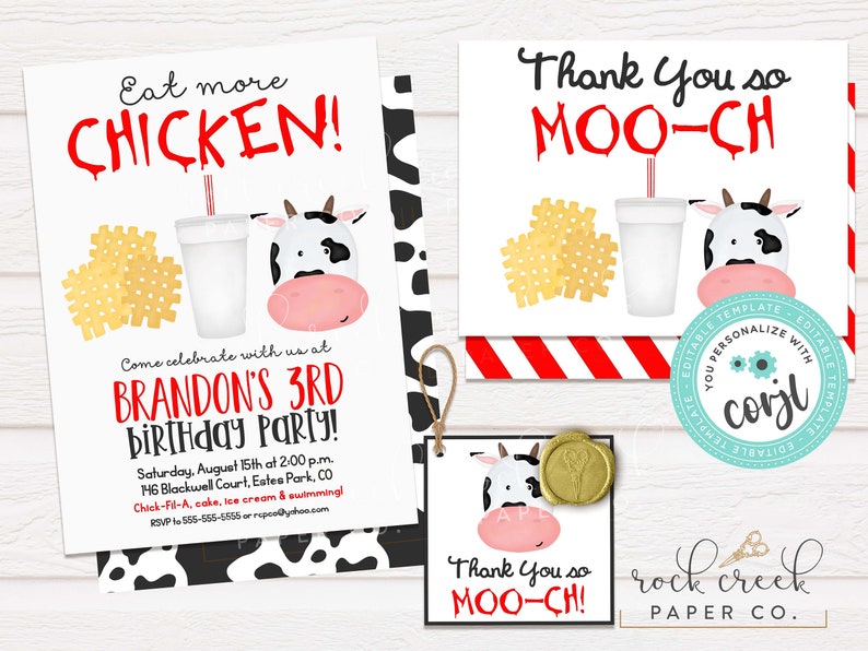 Eat More Chicken Invitation, Thank you card, and tags Templates