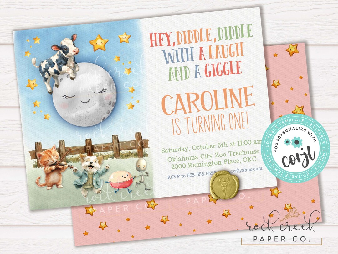 Hey Diddle Diddle Birthday Invitation: Editable Nursery Rhyme Party ...