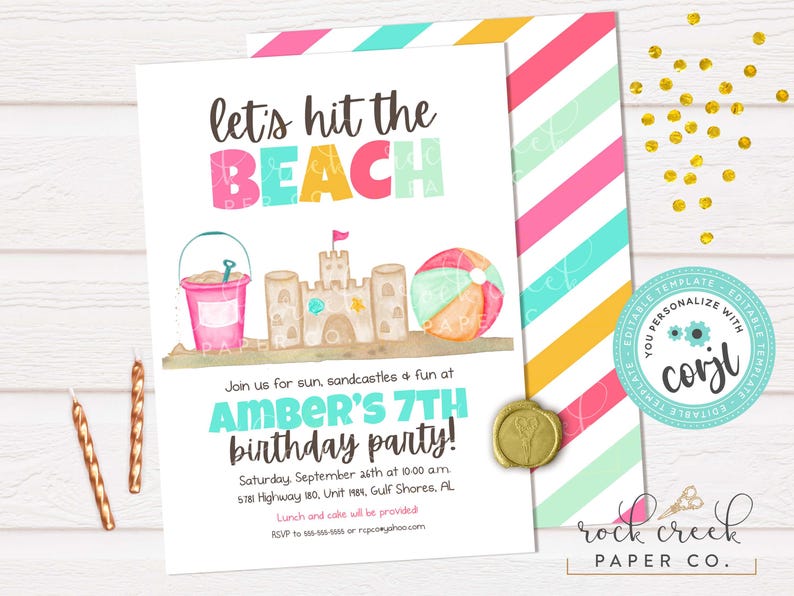 May include: A beach-themed invitation with the text "Let's hit the BEACH" in colorful letters. The invitation features illustrations of a sandcastle, beach ball, and a bucket. The text reads "Amber's 7th birthday party!"