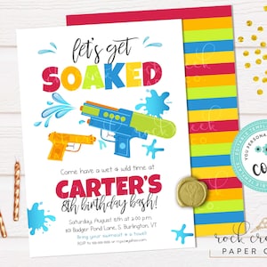 May include: A colorful invitation for a birthday party with the text "Let's get SOAKED". The design includes water guns, water splashes, and the text "Carter's 8th birthday bash!" with event details.