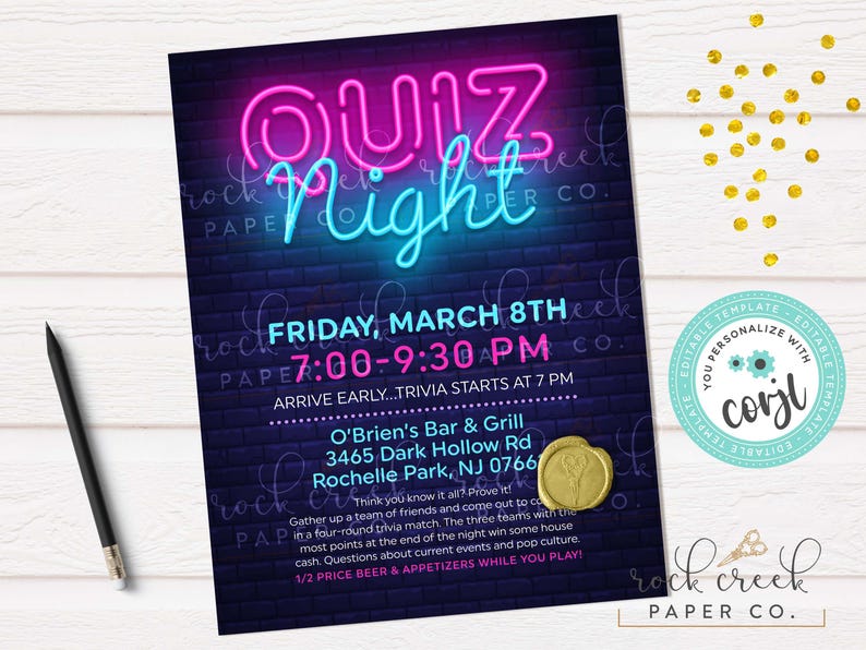 Quiz Night Invitation, Editable Event Template (Digital Download) 8.5x11 inches