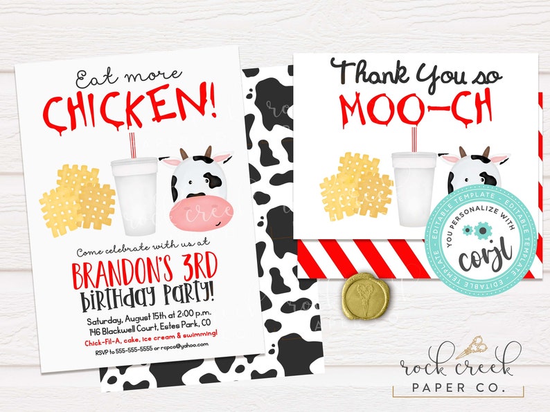 Eat More Chicken Invitation and Thank you card, Templates