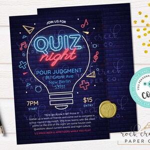 Quiz Night Invitation, Editable Trivia Event Template (Digital Download) 5x7 inches