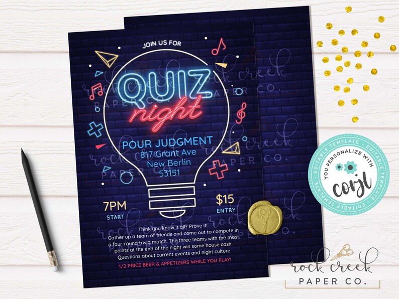 Quiz Night Invitation, Editable Trivia Event Template (Digital Download) 5x7 inches