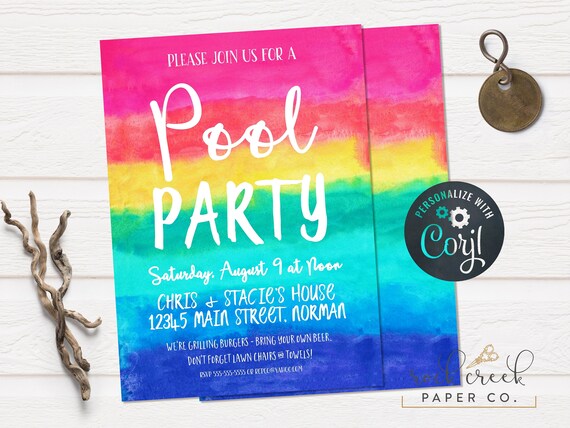 Summer Pool Party Invitation, Swim Party Invitation, Rainbow Watercolor Invitation, Beach Party, Digital Party Invitation, INSTANT ACCESS Il_570xn