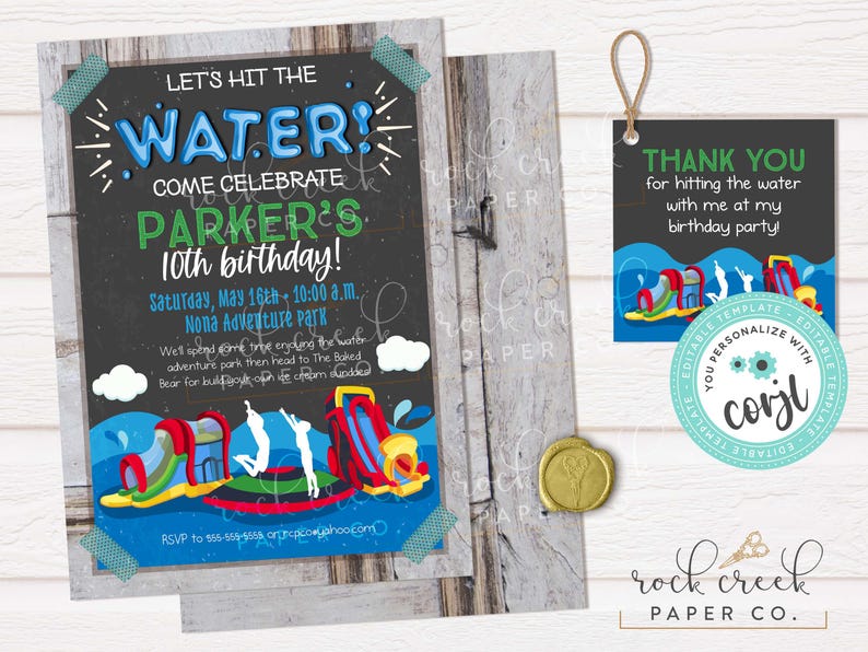 Water Park Birthday Invitation, Editable Adventure Park Party Template (Digital Download) Invite + Tags