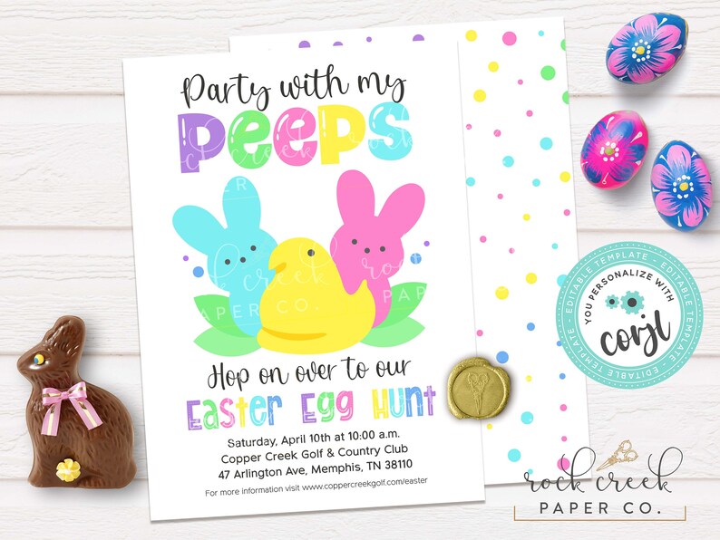 May include: A colorful invitation for an Easter egg hunt with the text "Party with my peeps" and a cartoon image of three pastel-colored Peeps. The invitation includes the date, time, and location of the event.