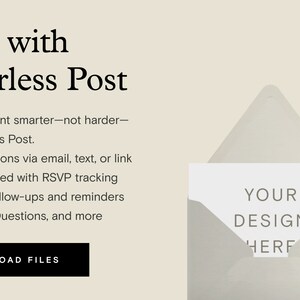 K&ouml;nnte beinhalten: Werbung f&uuml;r Paperless Post, mit einem hellbeigen Hintergrund und Textelementen. Der Text bewirbt Paperless Post f&uuml;r die Eventplanung, einschlie&szlig;lich E-Mail-Einladungen und RSVP-Tracking. Eine Karte in dem Umschlag zeigt "YOUR DESIGN HERE".