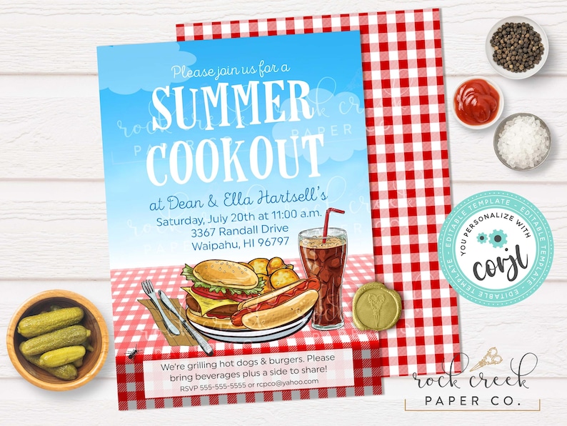 Country Barbecue Invitation, Editable Summer Cookout Template (Digital Download) Summer Cookout
