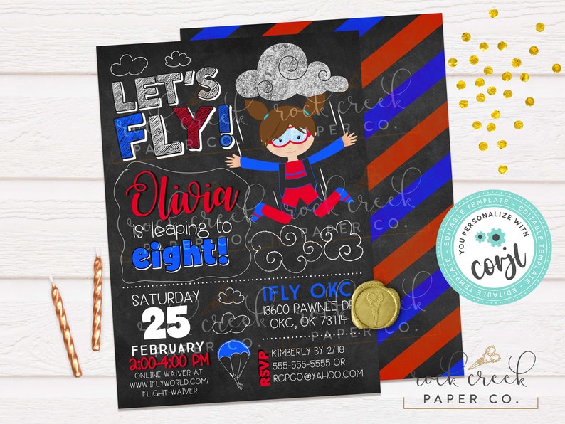 iFly Skydiving Invitation, iFly Birthday Invitation, Indoor Skydiving Party, iFly Party, Editable Birthday Party Template, Instant Download Red|Blue|SIlver