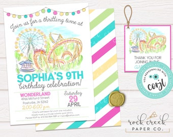 Amusement Park Birthday Invitation, Theme Park Party,  Rollercoaster Party Invite, Editable Birthday Party Template, Instant Download