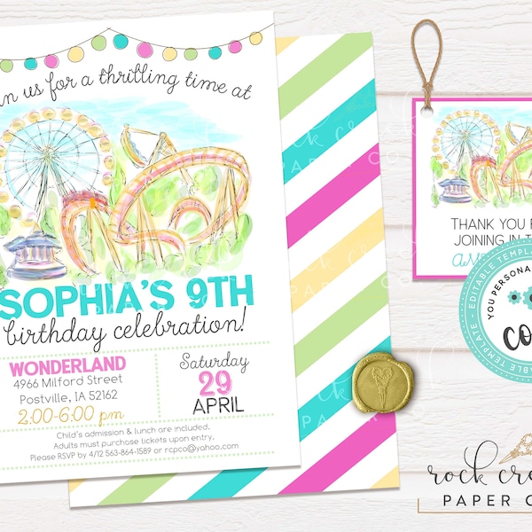 Amusement Park Birthday Invitation, Theme Park Party,  Rollercoaster Party Invite, Editable Birthday Party Template, Instant Download