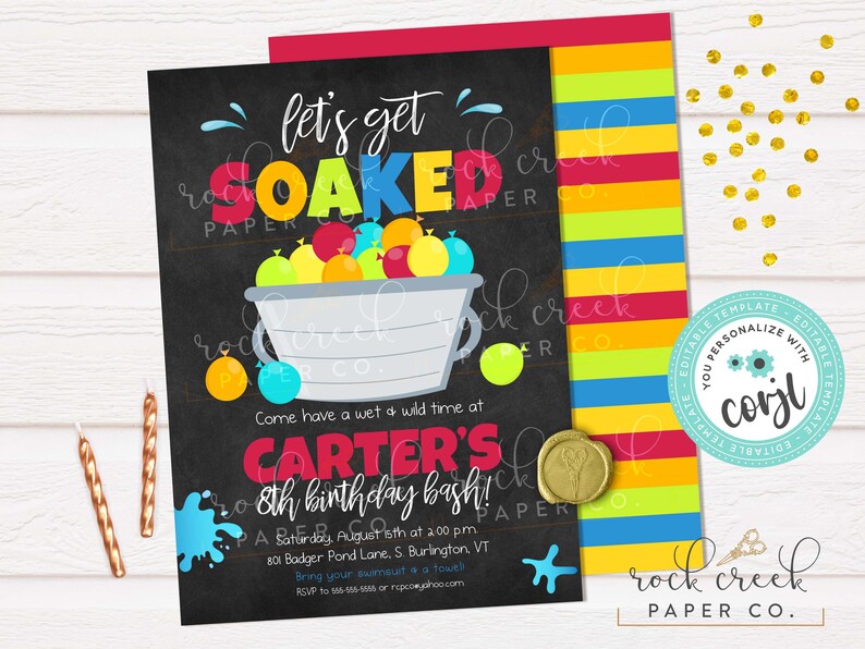 Water Balloon Birthday Invitation, Editable Party Template (Digital Download) Chalk RGB