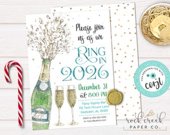May include: New Year's Eve invitation with a champagne bottle, two glasses, and the text "Ring in 2026". The invitation is white with gold accents and a candy cane. Includes the text "Please join us as we".