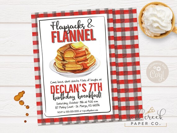 Flapjacks & Flannel Birthday Invitation, Pancakes and Pajamas, Pancake Breakfast Party, Digital Birthday Party Invitation, SAME DAY ACCESS Il_570xn