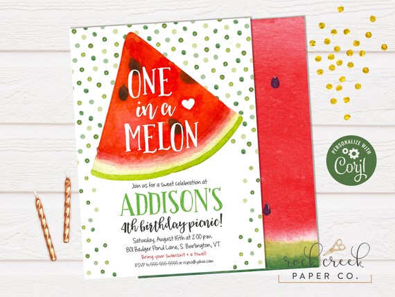 Watermelon Picnic Birthday Invitation, One in a Melon Invitation, Watercolor Watermelon, Digital Birthday Party Invitation, SAME DAY ACCESS Il_570xn