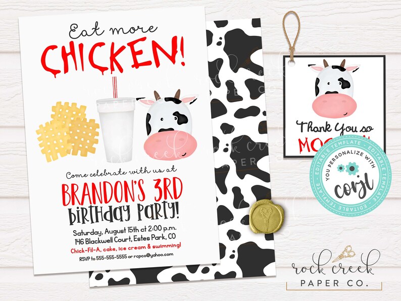 Eat More Chicken Invitation and tags Templates