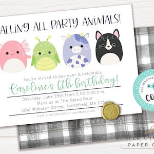 Squish pluche verjaardagsuitnodiging, uitnodiging knuffels, squishmallows feestuitnodiging, bewerkbare sjabloon voor verjaardagsfeestje, Instant Download