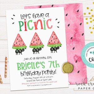 May include: A printable invitation for a 7th birthday party with a watermelon and ant theme. The invitation says "Let's have a picnic" and "Brielle's 7th birthday party!" with details about the party, including the date, time, and location. The invitation is decorated with three ants carrying watermelon slices.