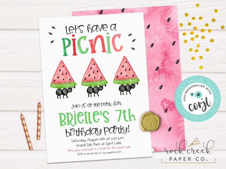 May include: A printable invitation for a 7th birthday party with a watermelon and ant theme. The invitation says "Let's have a picnic" and "Brielle's 7th birthday party!" with details about the party, including the date, time, and location. The invitation is decorated with three ants carrying watermelon slices.