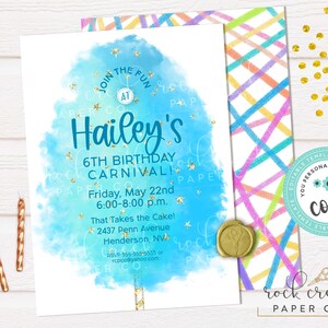 May include: A birthday party invitation with a blue watercolor design and gold accents. The invitation reads "Hailey's 6th Birthday Carnival!" with event details. Includes a colorful patterned envelope and gold wax seal.