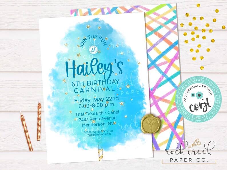 May include: A birthday party invitation with a blue watercolor design and gold accents. The invitation reads "Hailey's 6th Birthday Carnival!" with event details. Includes a colorful patterned envelope and gold wax seal.