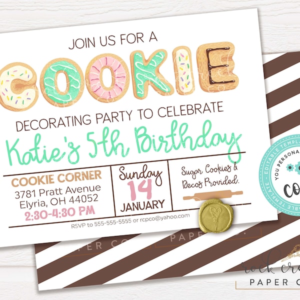 Cookie Decorating Birthday Invitation, Milk and Cookies Invitation, Baking Party Invite, Editable Birthday Party Template, Instant Download