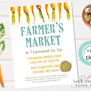 May include: A white flyer with the text "Farmer's Market" in teal, featuring watercolor carrots and a bowl of eggs. The flyer includes event details: date, time, and location in Oxford, MS. A carrot and greens are on the left.