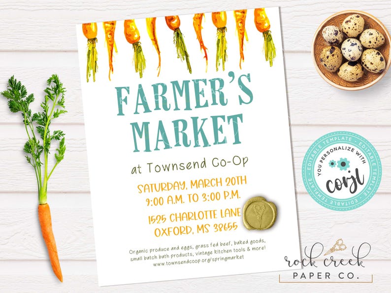 May include: A white flyer with the text "Farmer's Market" in teal, featuring watercolor carrots and a bowl of eggs. The flyer includes event details: date, time, and location in Oxford, MS. A carrot and greens are on the left.