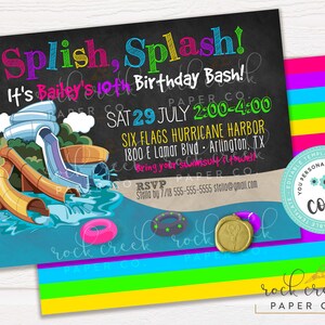 May include: A colorful invitation for a birthday party at Six Flags Hurricane Harbor. The invitation features a cartoon illustration of a water park with a water slide and a pool. The text on the invitation reads "Splish, Splash! It's Bailey's 10th Birthday Bash!" and includes the date, time, and location of the party.
