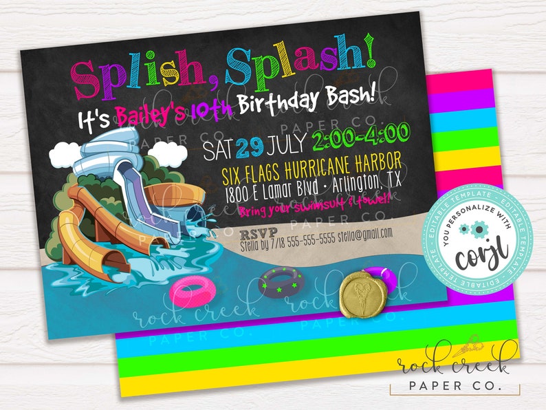 May include: A colorful invitation for a birthday party at Six Flags Hurricane Harbor. The invitation features a cartoon illustration of a water park with a water slide and a pool. The text on the invitation reads "Splish, Splash! It's Bailey's 10th Birthday Bash!" and includes the date, time, and location of the party.