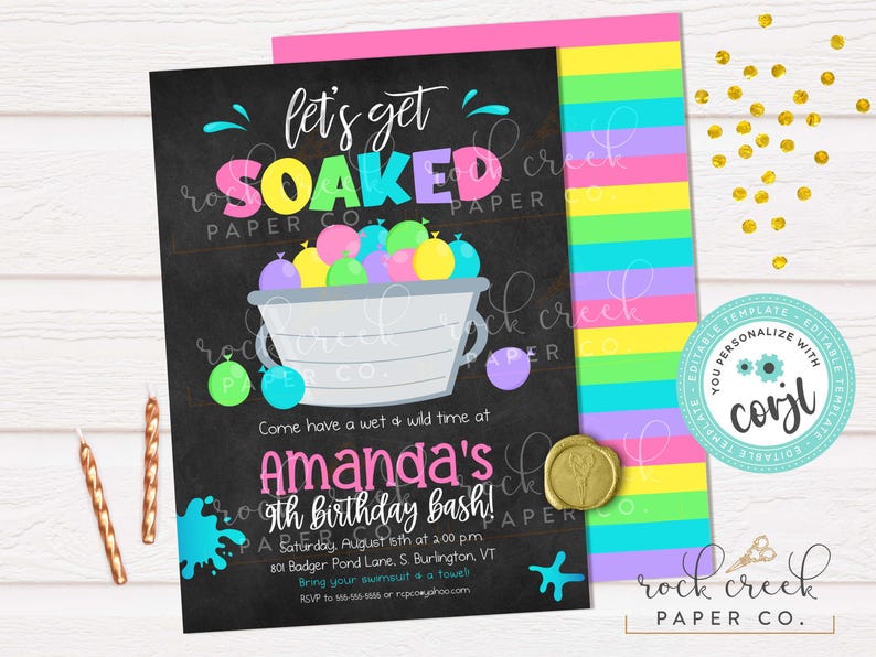 Water Balloon Birthday Invitation, Editable Party Template (Digital Download) Chalk Pastel