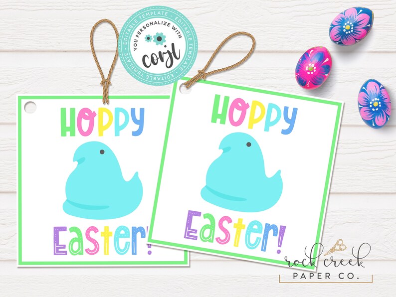 May include: Two printable gift tags with a green border. Each tag features a blue and white marshmallow-shaped character with the text "Hoppy Easter!" in rainbow colors.