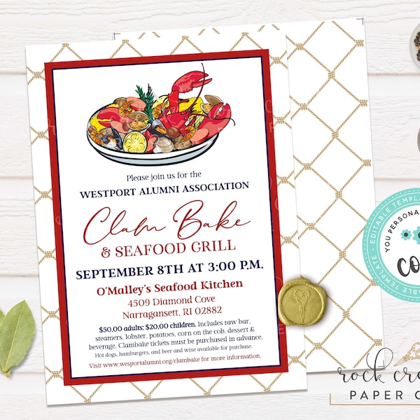 Clam Bake Invitation, Crab Bake, Lobster Boil, New England Clam Bake, Seafood Boil Invitation, Editable Event Template, Instant Download