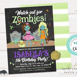 May include: A black and green invitation for a 5th birthday party with a zombie theme. The invitation says "Watch out for Zombies!" and "Isabella's 5th Birthday Party!" with a green and white striped background.