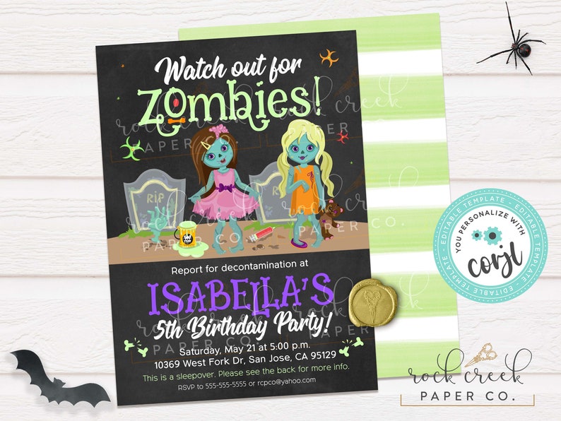 May include: A black and green invitation for a 5th birthday party with a zombie theme. The invitation says "Watch out for Zombies!" and "Isabella's 5th Birthday Party!" with a green and white striped background.